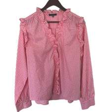 Tommy Hilfiger Pink White Ruffle Gingham Button Up Blouse Women’s Size XL Plaid