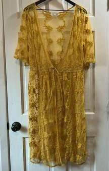 Mustard Lace & Embroidered Midi Length Shawl Duster - One Size