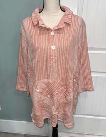 John Mark Coral Mixed Stripe tunic ruffle collar button blouse size small