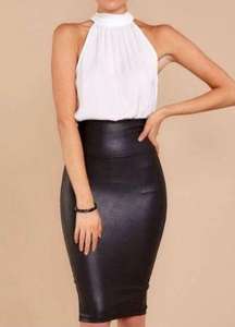 Faux Leather Pencil Skirt Very Black High-Waist Shiny Stretchy Edgy Midi