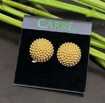 Vintage CARRÉ Golden Beehive Button Clip On Earrings