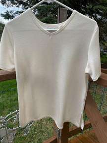 Women Vintage Kathie Lee Collection Cream Color White Blouse V-neck Short Sleeve