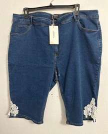 Bloomchic Women’s Denim Bermuda Shorts With Floral Lace Cutout Size 26 NWT