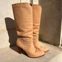 Vintage Dingo 80s high heeled suede yellow tan leather braid detail boots