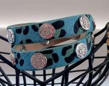 RUSTIC CUFF DOUBLE WRAP CALFSKIN BRACELET turquoise/black w/silver rivets ECU