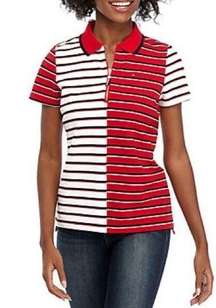 womens Short Sleeve Mixed Stripe Zip Polo Shirt preppy M