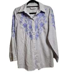 PAPARAZZI Embroidered Blue Striped Mother of Pearl Button Down Top Cotton Sz S