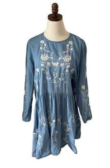 Philosophy Dress Chambray‎ Embroidered Floral High Low Tunic Dress Size Large