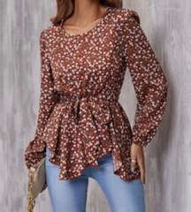 NWT Floral  Colored Long Sleeve Blouse with Belt at Waist