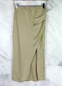 Satin Midi Slip Skirt High Waisted Front Slit Bias Cut Elm Sage Green