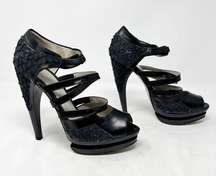 [Jason Wu] Black Textured Embossed Leather Strappy Sandals Platform Heels Sz 39