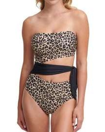 DKNY Suntan ​Leopard Print Brown & Black Cutout Tie One Piece Swimsuit 10 NWT