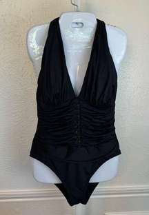 Bleu Rod Beattie One-Piece Halter Swimsuit Deep V Ruched Slimming Black SZ 14