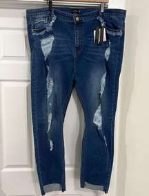 Plus Dark Blue Ripped Detail Step Hem Skinny Jeans Size 22 New