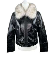 Unreal Fur Wet Look Aviator Biker Jacket Faux Leather & Fur Black Size Small NWT