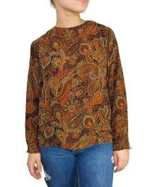 Oleg Cassini Silk Paisley Vintage Brown & Orange Retro Long Sleeve Blouse Small