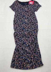 Isabel Maternity Womens Size XS Scoop Neck T-Shirt Floral Navy Midi Dress