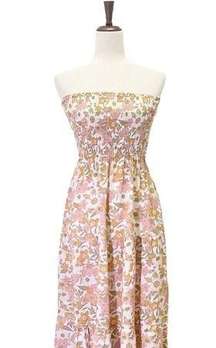 Petal and Pup Strapless Retro Floral Midi Dress Tan Pink Cream Size 4 70s Boho