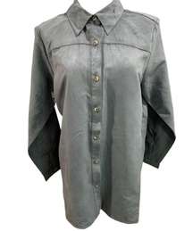 Medium Joan Rivers Button Up Faux Suede Blue Gray Tunic Blouse Women's