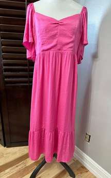 Womens Dress Pink Smocked Midi Sweetheart Neck Short Flutter Sleeve XL New