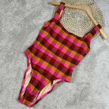 Madewell Second Wave Button-Back One-Piece Swimsuit in Azalea Check Size 2