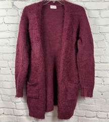 Pink Lily Cardigan Sweater Soft Fuzzy Eyelash Knit Front Pockets Burgundy M