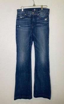 7FAMK Dojo Flare Denim Jeans EUC Sz 27 Long Inseam Distressed Cotton USA