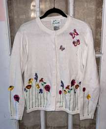 Vintage Floral Embroidered Cardigan Sweater In White Size Small To Medium  