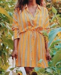 Krazy Kat Yellow Stripe Drawstring Waist Button Front Oversized Shirt Dress Sz S