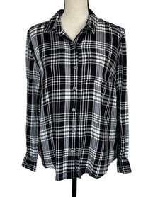 Style & Co Small Button-Up Top Plaid Pocket Long Sleeve Hi-Low Hem Black White