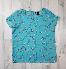 New Directions Petite Blue Bird Print Short Sleeve Top Women's Size PM