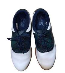 Footjoy Women’s White Green Plaid Lace Up Spiked Golf Shoes Size 7.5M