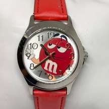 M&M's Character Mars 2015 Watch 35mm silver tone case red leather band running