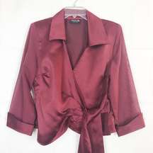 ONYX Nite Vintage Women's 3/4 Sleeve Chiffon Wrap Burgundy Top Size M