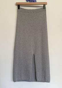 Medium Rib Knit Midi Bodycon Pencil Skirt Grey Slit Cut Front