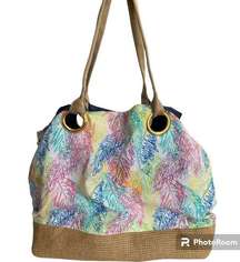 Peter Millar Oversized Lightweight XL Abstract Print/Straw Bottom Beach Bag Tote