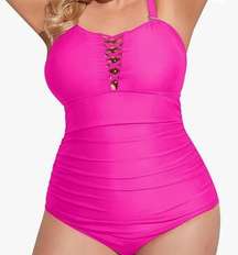 Yonique Pink Sexy ruched tummy control one piece bathing swim suit plus 20W