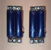 Vintage Blue Thermoset Rectangular Blue Rhinestone Clip On Earrings