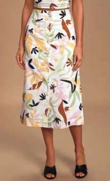 NWT Charlie Holiday XS Palma White Multi Tropical Print Button Front Midi Skirt