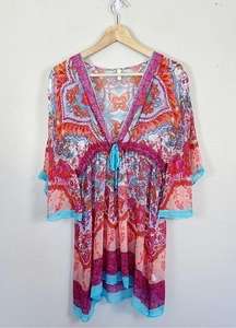 Gottex Colorful 100% Silk Kaftan Sheer Swim Coverup Dress Size Small