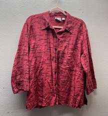 CHICOS LINEN BLEND BUTTON UP SHIRT WOMENS SIZE 3 (XL) Red Artsy Print