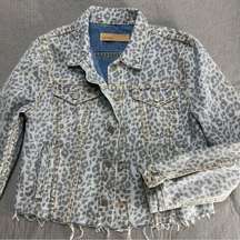 GRLFRND Jacket Womens Cara Leopard Safari Denim Jean Jacket Raw Hem Blue Small