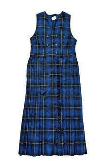 Susan Bristol Vintage Navy Blue & Black Plaid Jumper Pleated Midi Dress Size 4