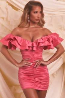 Dreaming Out loud Bardot Hot Pink Ruffle Off the Shoulder Dress