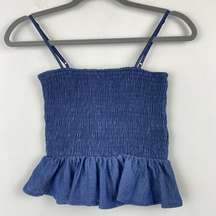 HELLO MISS Top Denim 100% Cotton Smocked Ruffle Hem Sleeveless Semi Crop Top S