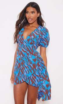 Blue Leopard Print Wrap Drape Shift Dress. Size 2. NWT