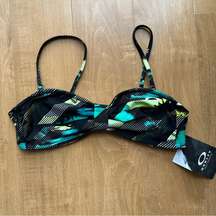 Oakley Bright Lime Palm Bandaeu Bikini Top, Black/Green/Teal, Size Medium