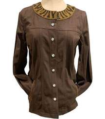 Small Quacker Factory Women's Brown Embellished Neckline Button Up Jacket New