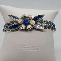 Vintage Blue & Silver Rhinestone Flower Bracelet