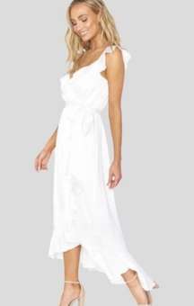 Best Day Ever White Satin Ruffle Midi Dress